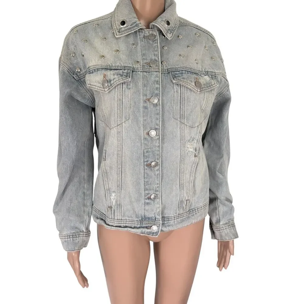 Upcycled Denim Jacket M Angel Cherub Grommet Stud Celestial Punk Boho Retro Blue - Picture 6 of 13